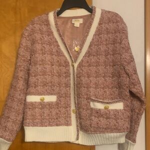 Maeve Pink Tweed Cardigan with Cream Trim and Gold Buttons